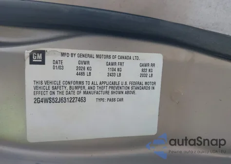 2003 Buick Century Custom z USA, uszkodzony, nr VIN 2G4WS52J631227463